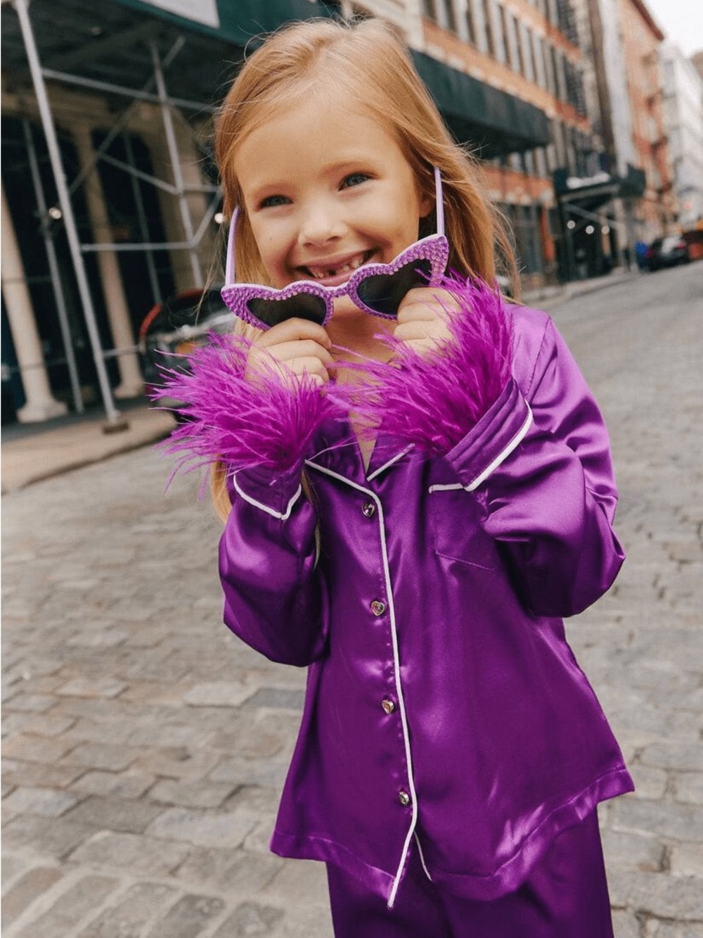 Lola + The Boys Purple Satin Pajama Set with Feather Trim
